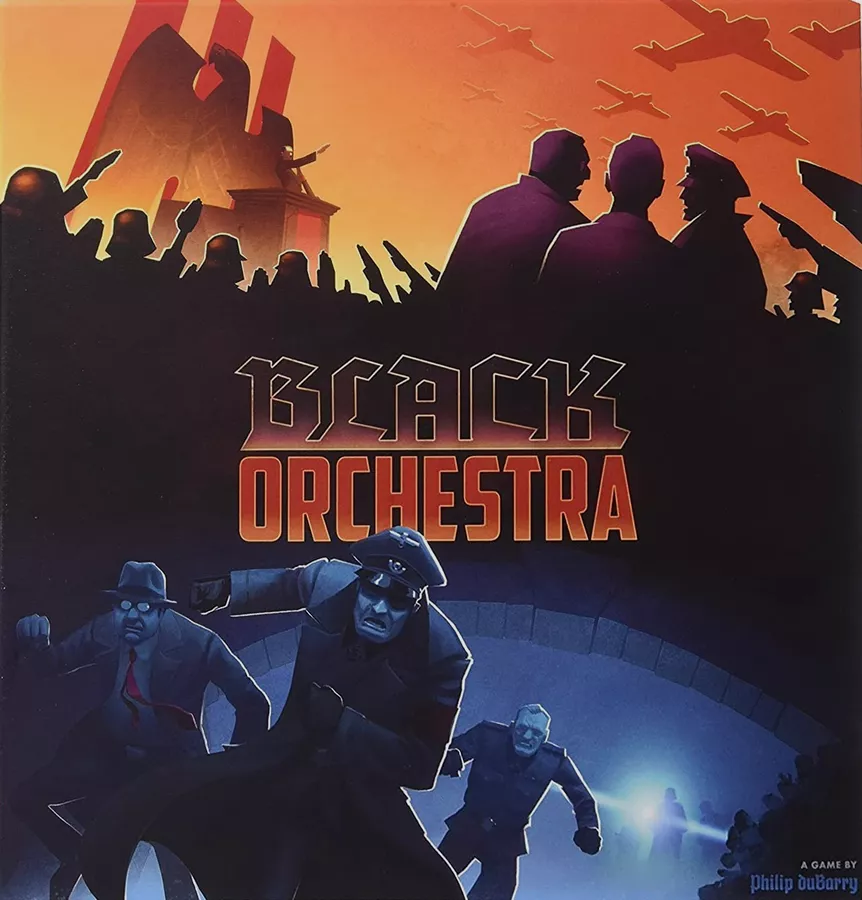 Cover of 'Black Orchestra' game with silhouettes of military figures and dramatic lighting