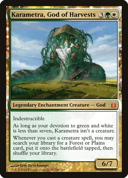 Magic the Gathering Card "Karametra, God of Harvests" featuring art of a large green deity sitting over a farm land. Card text includes "Legendary Enchantment Creature - God" and rules text.