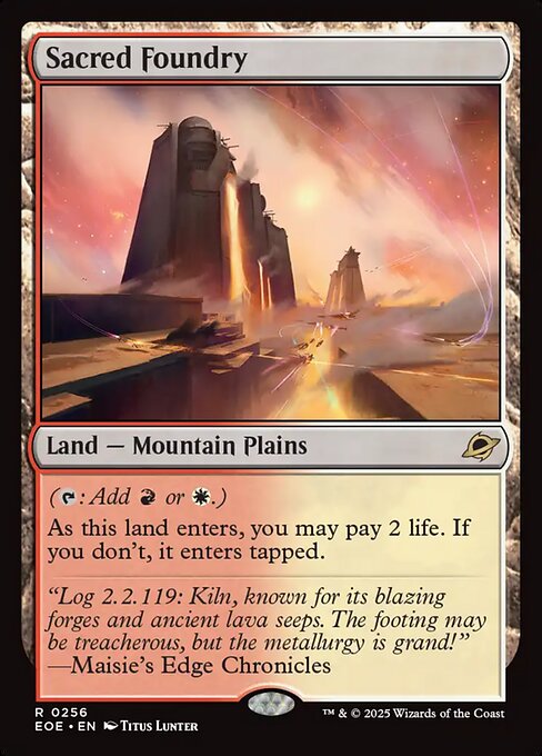 Magic the Gathering Card "Sacred Foundry" featuring art of futuristic structures and planes in front of a red sky. Card text includes "Land - Mountain Plains" and rules text about entering play. 