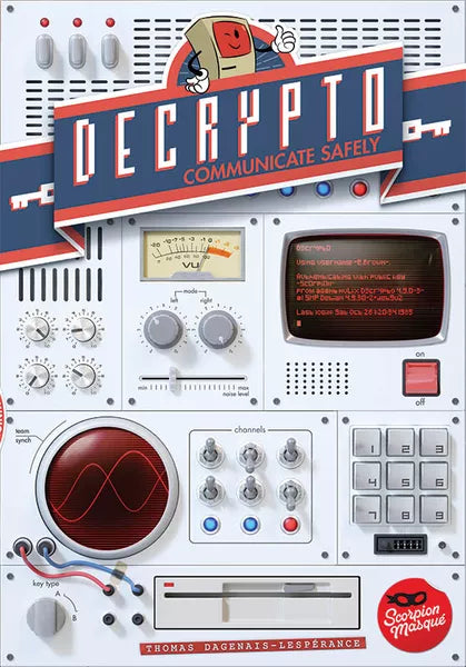 Book cover of 'Decrypto: Communicate Safely' with a retro-tech design.