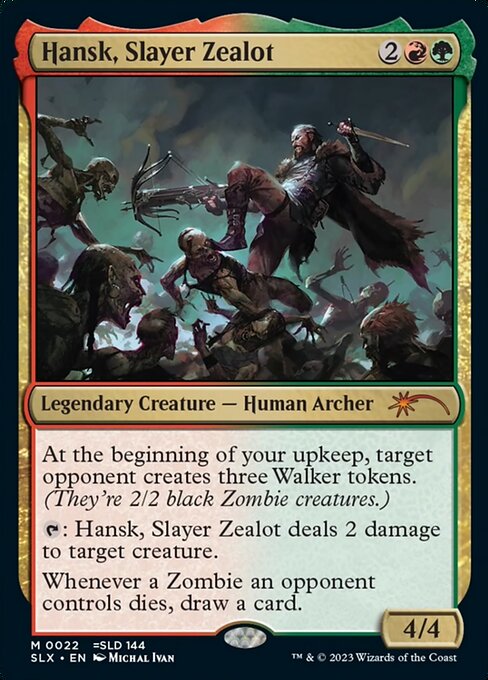 Magic the Gathering Card "Hansk, Slayer Zealot" featuring art of a man hunting zombies in an apocalyptic setting. Card text includes "Legendary Creature - Human Archer" and rules text.