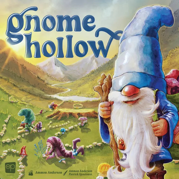 Board game cover for 'Gnome Hollow' with a gnome character and mountainous landscape.