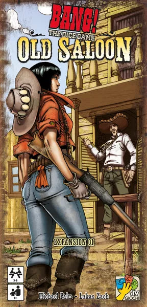 Cover for the board game expansion BANG! The Dice Game Old Saloon featuring a woman standing in front of a  western style building with a man in the doorway.