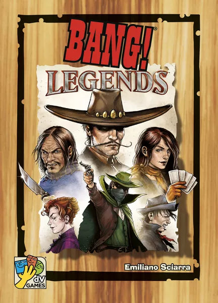 Box cover of 'Bang! Legends' game expansion with illustrations of characters on a wood background.