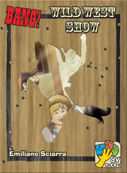 Cover for "BANG! Wild West Show" Expansion featuring a wood background with the shape of a rodeo rider on horseback cut out.